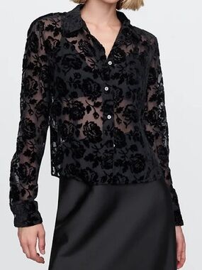 GAP NWT floral button-down velvet sheer blouse 90s black medium